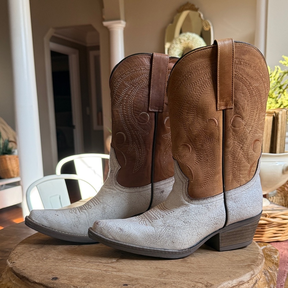 Brown and Cream Heeled Boots